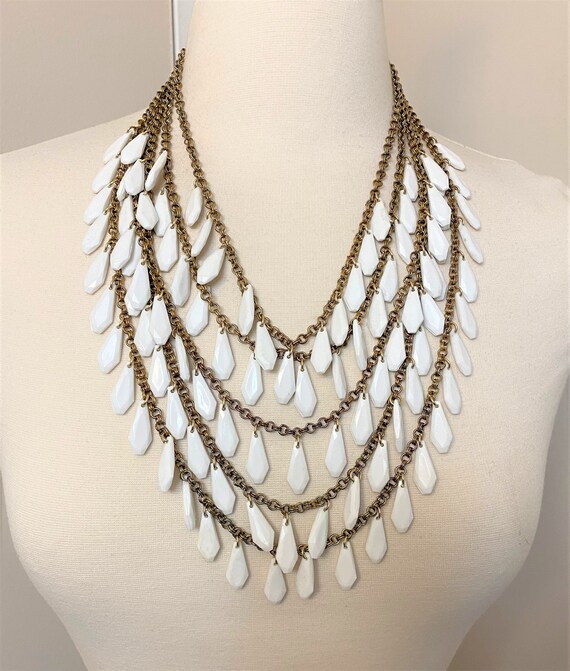 Gorgeous Vintage White Multi Strand Fringe Bib Necklace
