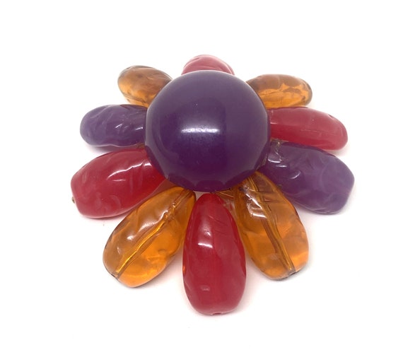Vintage Purple, Red & Yellow Acrylic Dome Brooch Pin