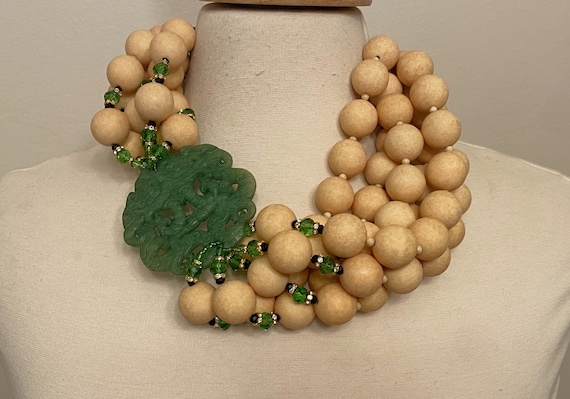 Gorgeous Beige Beads, Rhinestones & Green Dyed Jade Necklace