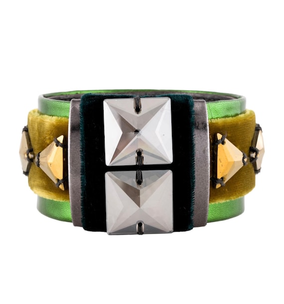 Stunning MIU MIU Green Leather, Velvet & Crystal Bangle Bracelet