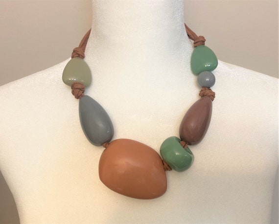 Beautiful Green, Beige & Brown Large Resin Beads Necklace