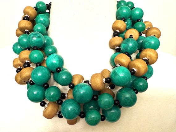 Gorgeous Green Resin & Brown Wood Beads, Rhinestones Multi Strand Necklace