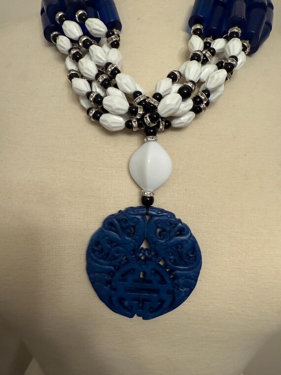 Exquisite Tubular Blue Acrylic & White Resin, Carved Blue Jade Necklace