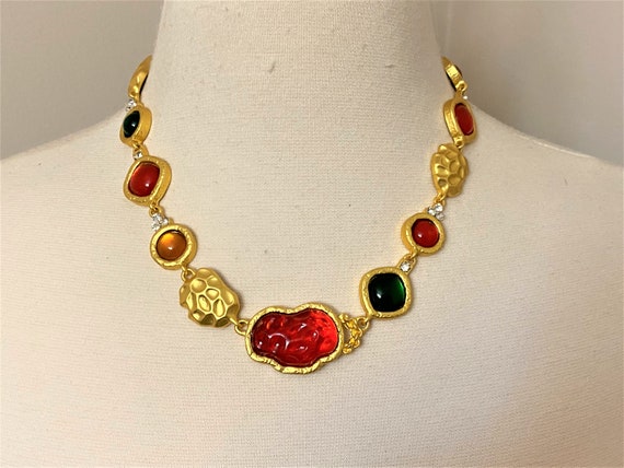 Exquisite Red & Green Resin Cabochons, Satin Gold Plated Necklace