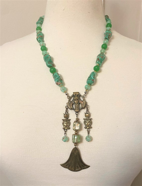 Vintage Art Nouveau Brass Pendant Necklace With G… - image 1