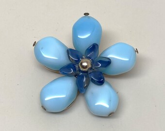 Vintage Accessocraft NYC signierte Kunst Glas Blau Blumen Brosche Pin