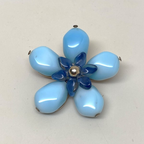 Vintage Accessocraft NYC Signed Art Glass Blue Floral Brooch Pin