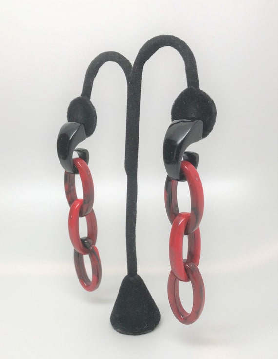 Gorgeous Red & Black Chain Dangle Pierced Earrings - image 2