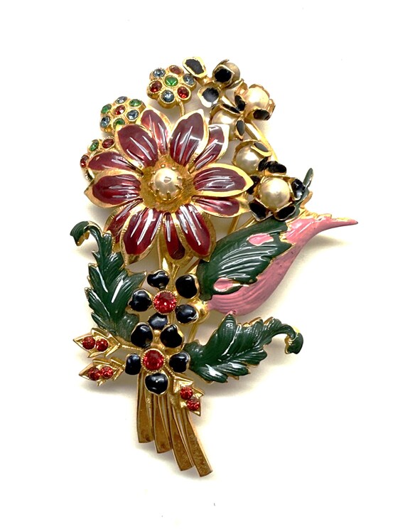 Vintage Gilt Brass, Enamel Flowers, Faux Pearl & Rhinestones Pin Brooch