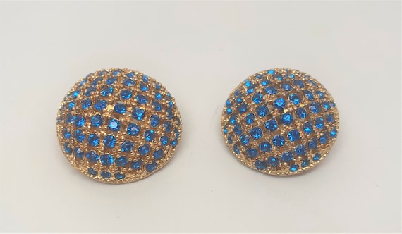 Vintage Gold Tone Blue Rhinestones Dome Clip on Earrings