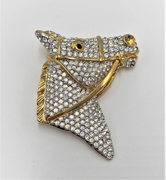 Vintage Gold Plated, Pave Rhinestones Horse Head Pin Brooch