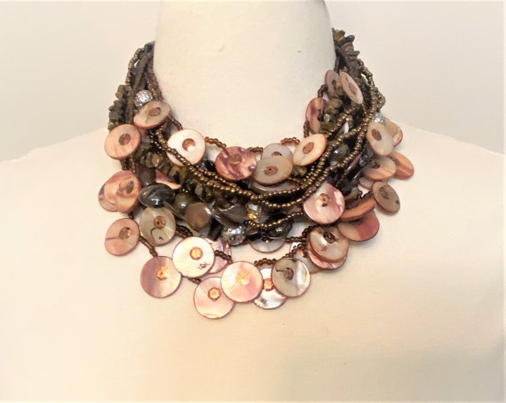 Vintage Brown Seeded, Glass Beads & Mother of Pearls Multi Strand Necklace