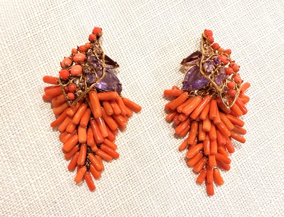Iradj Moini Gold Plated Amethyst & Coral Grapes Clip On Earrings