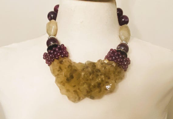 ANGELA CAPUTI Beige & Purple Resin , Rhinestones Bib Necklace