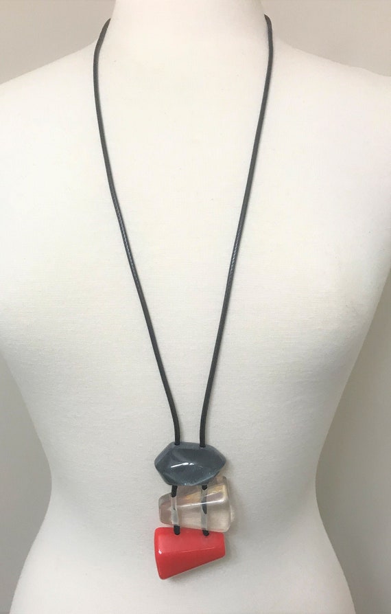 Stunning Danish Designer Modernistic Gray, Red & Clear Long Necklace