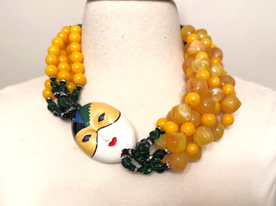 Art Deco Style Enamel Face Mask Yellow Green Acrylic Beads, Rhinestones Necklace