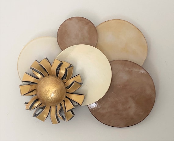 Cilea Paris Signed Enamel on Acrylic Cream, Beige, Brown & Gold Pin Brooch