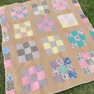 Vintage 1940s Cotton Feedsack Patchwork Quilt Blanket Nine Square