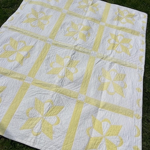 Vintage Cotton Feedsack Quilt Blanket Beautiful Moons Yellow and Cream 1940s Hand Sewn