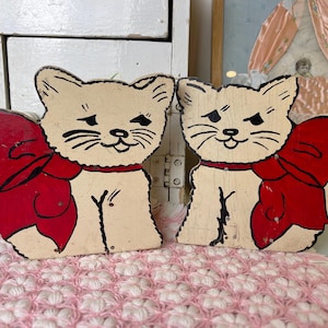 Vintage 1940s Wooden Book Ends Novelty Cats Hand Painted Folk Art