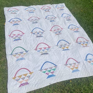 Vintage 1930s Basket Quilt Patchwork Feedsack Cotton Blanket