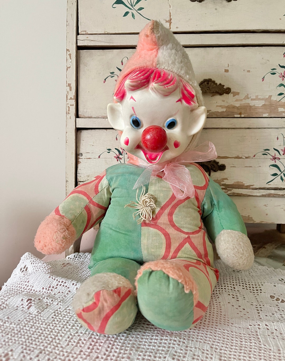 Vintage Rubber Face Wind up Nose Clown Kitschy Plush 1950s Etsy