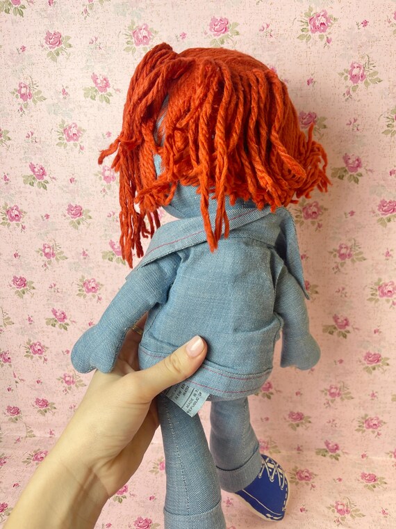 Vintage Knickerbocker Levis Rag Doll Plush Denim 1970s Red