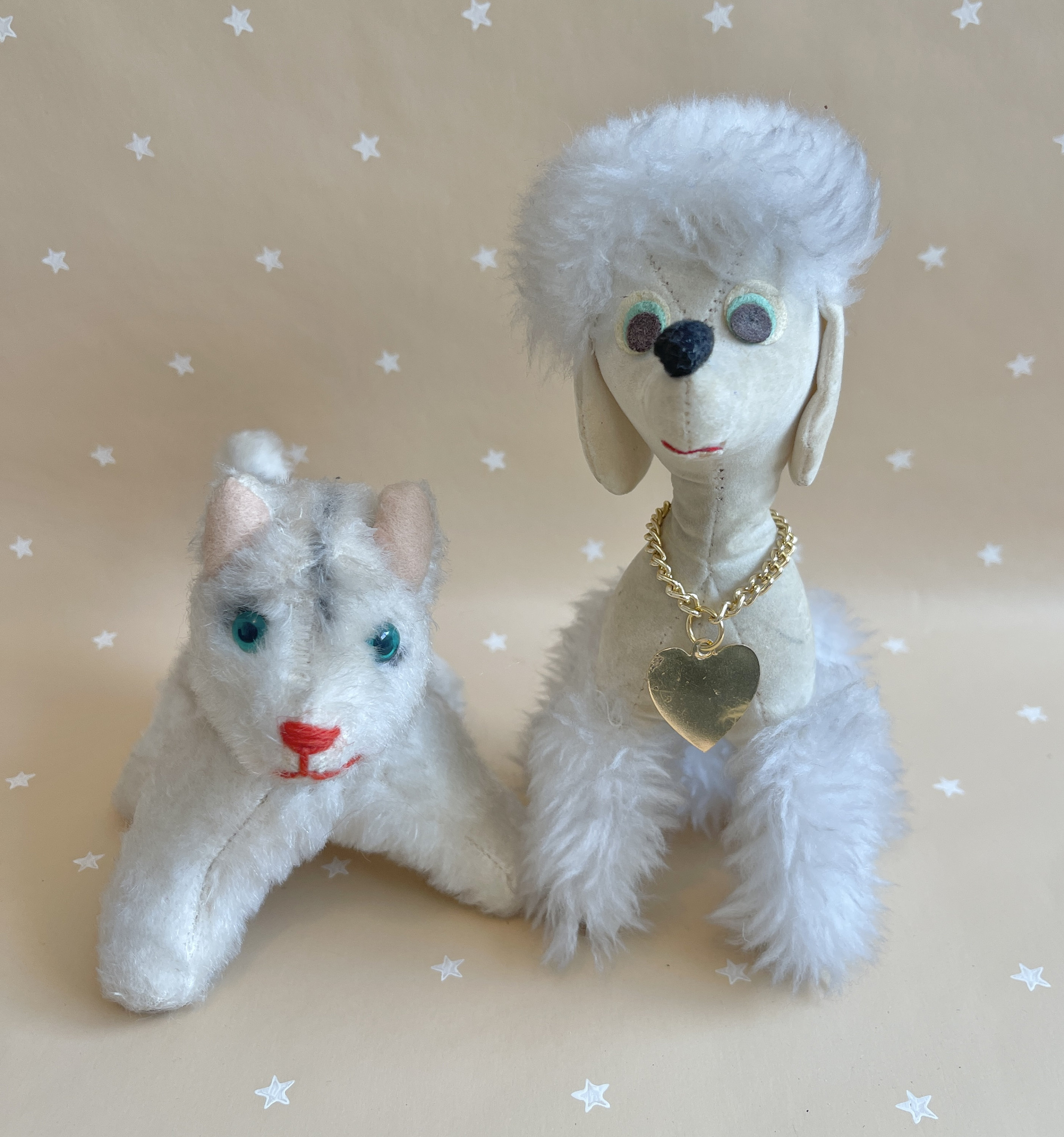 Vintage Sawdust Stuffed Plush Dog and Cat Mohair