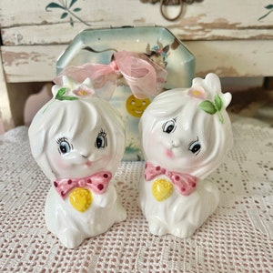 Vintage PY Japan White Maltese Dogs Toodles Salt and Pepper Shakers Lefton Type Pink Bow 1950s Kitsch Ceramic