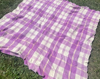 Vintage Purple Plaid Wool Blanket 1950s