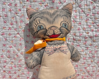 Vintage 1940s Plush Feedsack Kitty Pillow Litho Doll