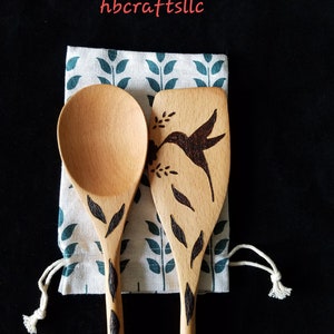 Wood burn spoons, wood spoons, hummingbird design, kitchen spoons, kitchen utensils, cooking utensils, host gift, hostess gift, Pyrography image 1