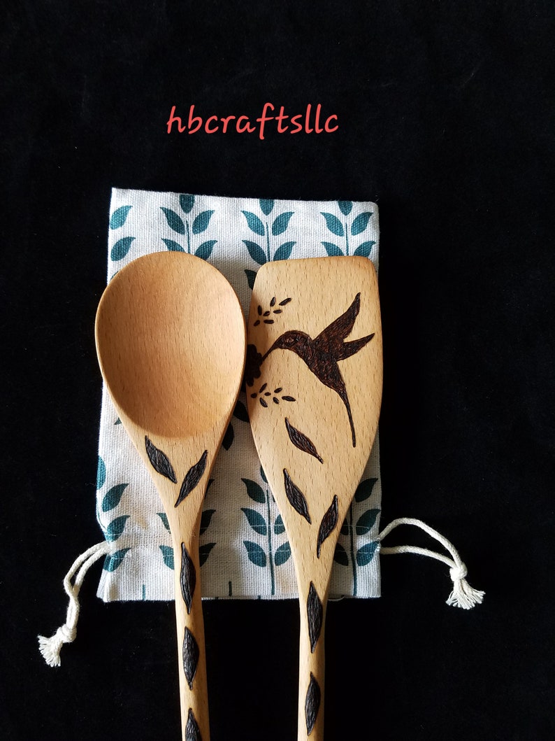 Wood burn spoons, wood spoons, hummingbird design, kitchen spoons, kitchen utensils, cooking utensils, host gift, hostess gift, Pyrography image 5