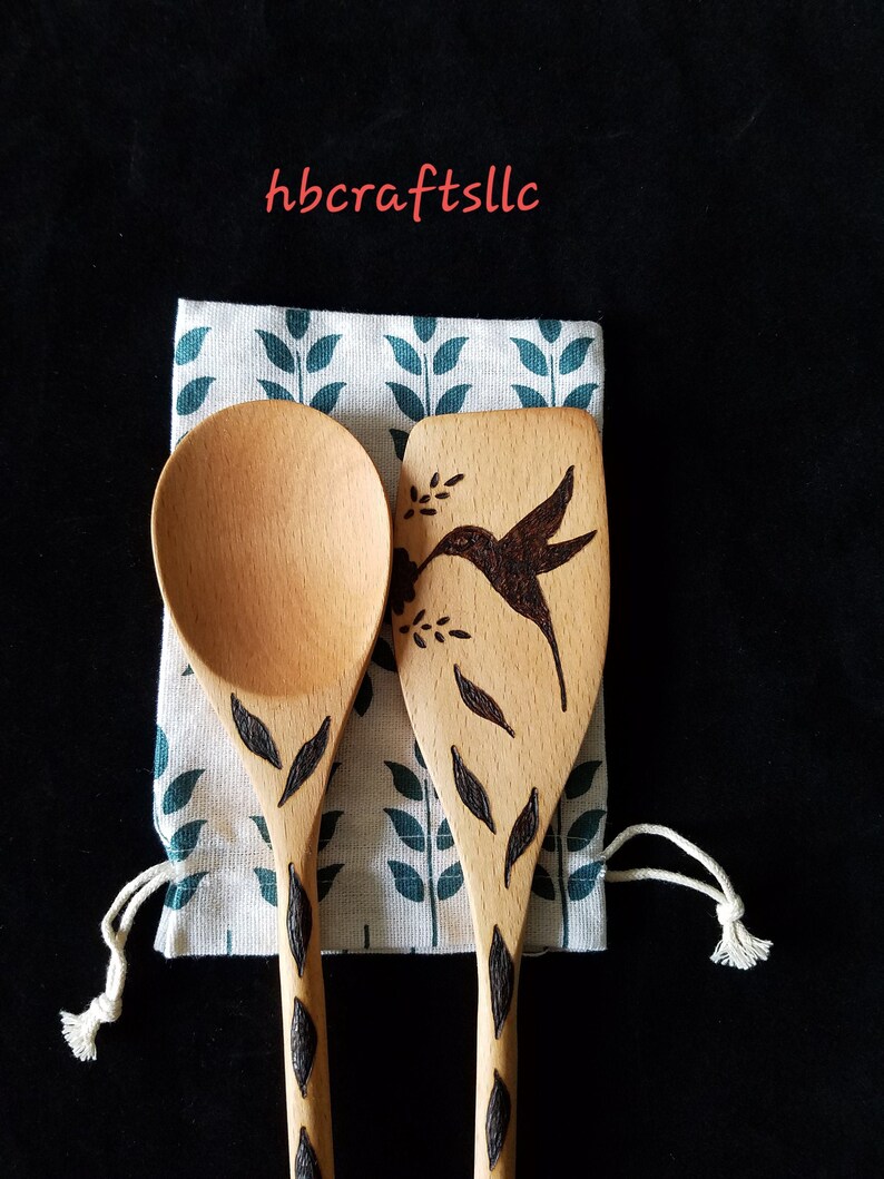 Wood burn spoons, wood spoons, hummingbird design, kitchen spoons, kitchen utensils, cooking utensils, host gift, hostess gift, Pyrography image 1