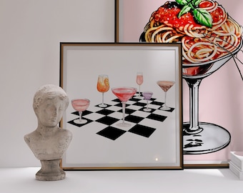 Cocktail-Schach-Wand-Kunst | Cheers & Checkmates Karierte Bar Spielzimmer Wandkunst | Schachbrett Aquarell Kunstdruck | Eklektische Maximalist Vibes