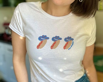 Yee Doggy Hot Dog Baby Tee T-Shirt | Memorial Day 4th of July Patriotic Cowboy Hat Women's Shirt | Red, White, and Blue Retro Cowgirl Vibes