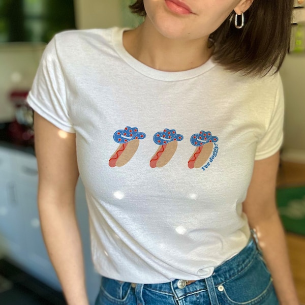 Yee Doggy Hot Dog Baby Tee T-Shirt | Memorial Day 4th of July Patriotic Cowboy Hat Women's Shirt | Red, White, and Blue Retro Cowgirl Vibes