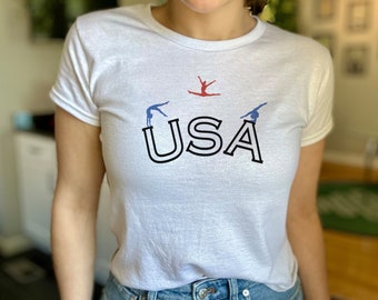 T-shirt bébé de gymnastique américaine | Maillot de l'équipe américaine de gymnastique féminine des Jeux Olympiques de Paris 2024 | T-shirt patriotique rouge, blanc et bleu du 4 juillet