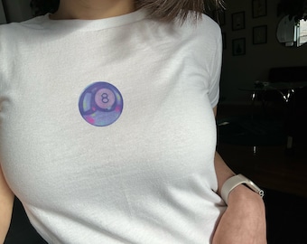 8 Ball Baby Tee | y2k 90s Cool Girl Cropped Billiards T-Shirt | Aesthetic Vibes Purple Pool Ball Dive Bar Women's Skimming Tee Shirt