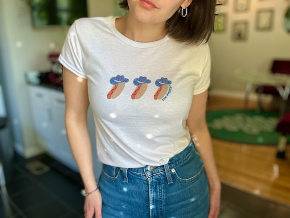 Yee Doggy Hot Dog Baby Tee T-Shirt | Memorial Day 4th of July Patriotic Cowboy Hat Women's Shirt | Red, White, and Blue Retro Cowgirl Vibes