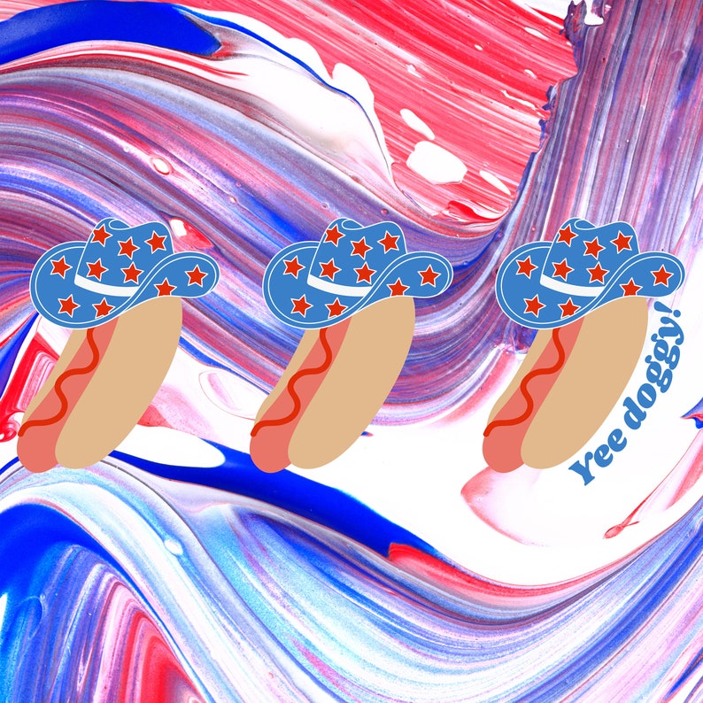 graphic of 3 consecutively lined up hot dogs wearing red, white, and blue star-patterned cowboy hats, with the words “Yee doggy” in blue under the third hotdog