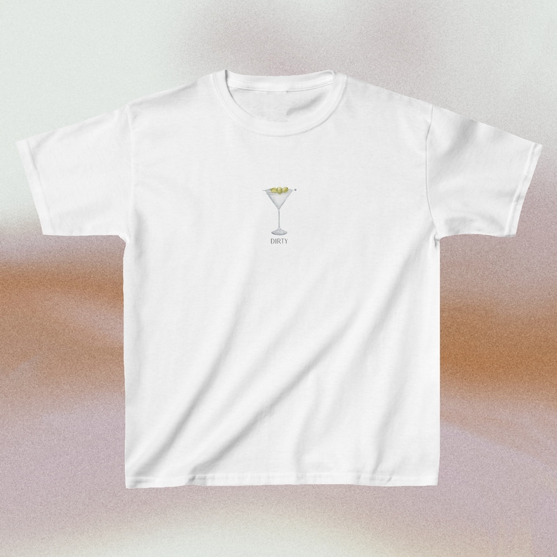 image of a white t-shirt with a watercolor martini in the center of the chest, along with the word "DIRTY"