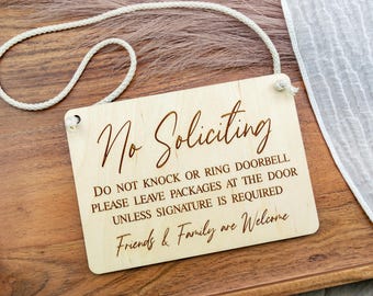 Wood Hanging No Soliciting Sign, Do not Knock or Ring Doorbell Sign, No Soliciting Door Sign, Front Door Sign