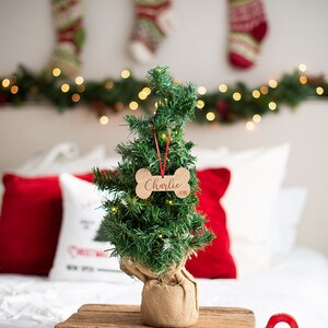 May include: A small artificial Christmas tree decorated with a wooden bone-shaped ornament that says "Charlie" on it. The tree is in a burlap pot and is sitting on a wooden table.