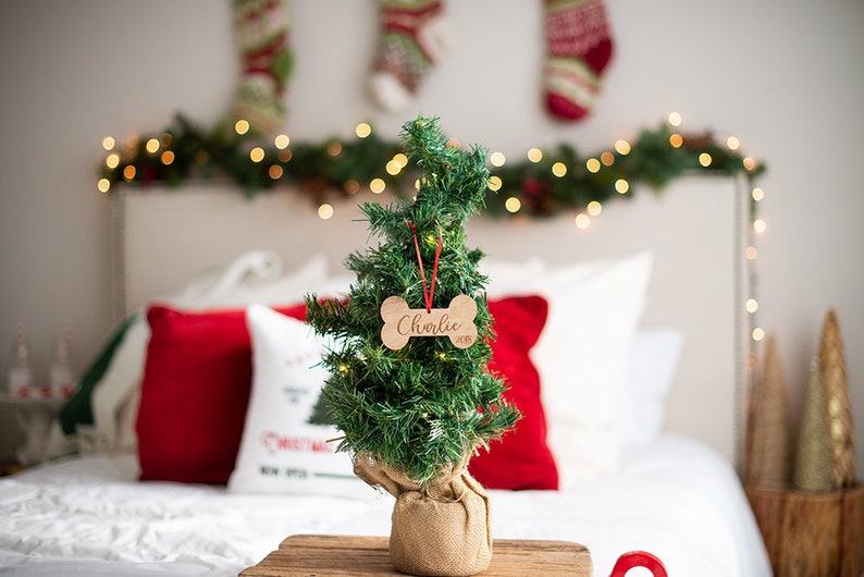 May include: A small artificial Christmas tree decorated with a wooden bone-shaped ornament that says "Charlie" on it. The tree is in a burlap pot and is sitting on a wooden table.