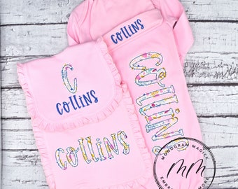 Pink Floral Personalized Baby Gown Set