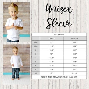 K&ouml;nnte beinhalten: Gr&ouml;&szlig;entabelle f&uuml;r Unisex-Shirts mit Brust- und L&auml;ngenma&szlig;en in Zoll. Die Tabelle zeigt Gr&ouml;&szlig;en von 12 Monaten bis 10 Jahren.