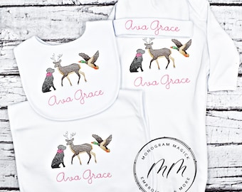 Personalized Hunting Baby Gown Set, Monogrammed Girl's Coming Home Outfit