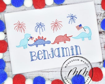 Patriotic Dinosaur Parade Embroidery Shirt, Patriotic Shirt, Patriotic Puppy, Kids Fourth of July Shirt, Kids 4th of July Shirt,