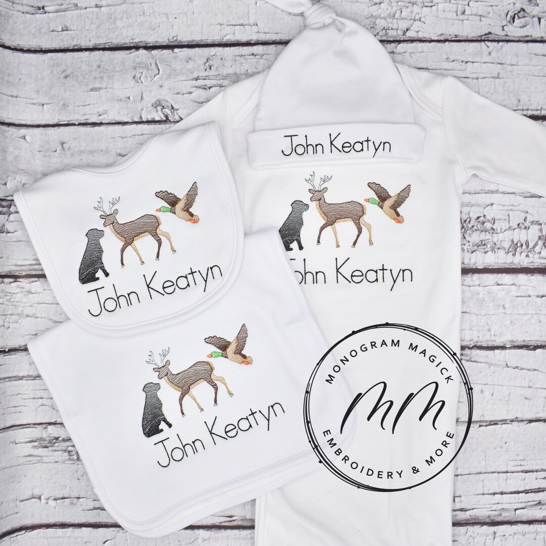 Hunting Themed Baby Gown, Personalized Baby Gown, Monogrammed Baby Gown